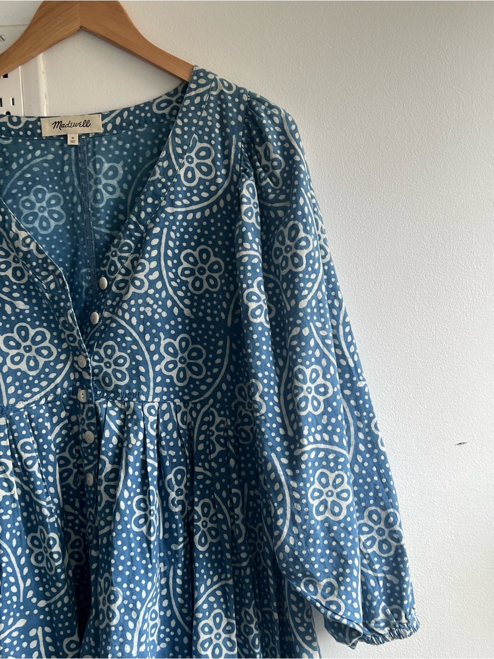 Madewell Bubble-Sleeve Button-Front Mini Dress in Indigo Paisley